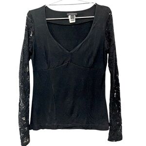 MNG Collection Black Fitted Embellished Blouse long lace sleeves size Medium